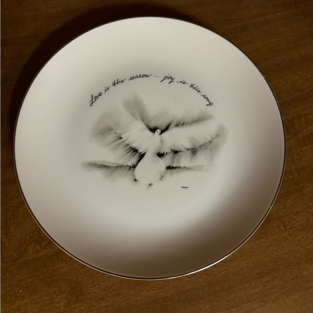 Vintage 10 1/2” Introspects Japan Decorative White Dove Plate with Silver Trim